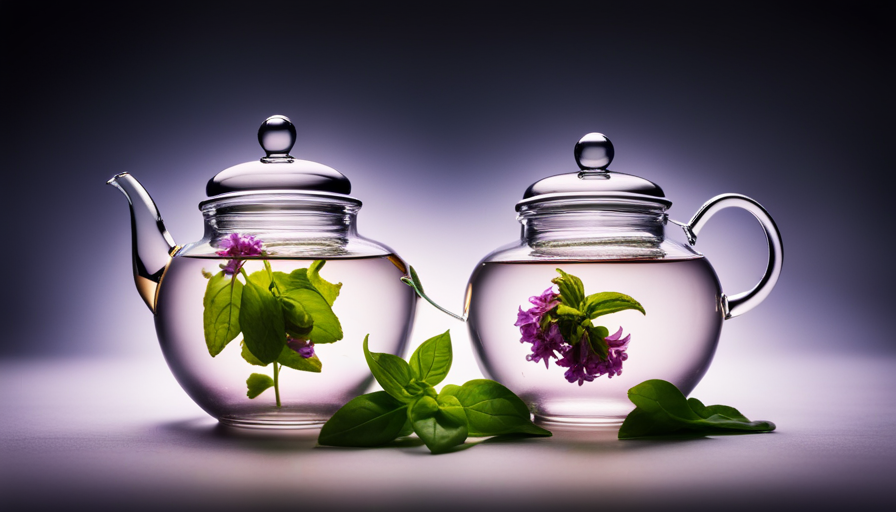 An image showcasing a clear glass teapot filled with steaming basil flower tea