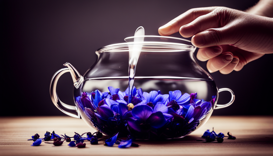 An image showcasing the step-by-step process of making Blue Pea Flower Tea: a serene hand gently pouring hot water over vibrant blue petals in a clear glass teapot