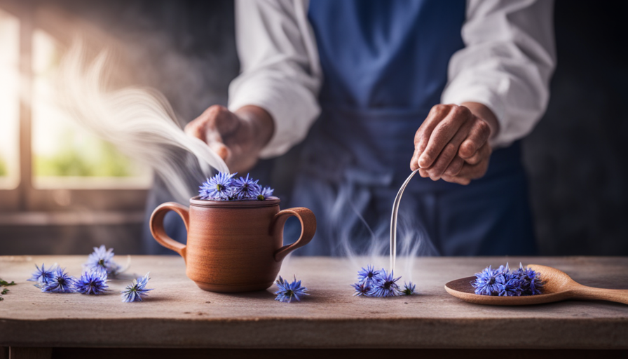 An image showcasing the step-by-step process of making borage flower tea: a close-up shot of delicate borage flowers being carefully plucked, steeped in hot water, and served in a steaming cup