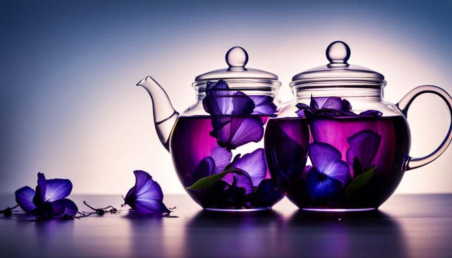 An image showcasing a transparent glass teapot filled with vibrant indigo Butterfly Pea Flower Tea, delicate petals delicately unfurling in the hot water, emanating a mesmerizing hue that captures the essence of tranquility