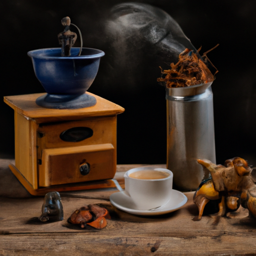 An image showcasing a rustic wooden table adorned with a vintage coffee grinder, a pile of roasted chicory roots, and a ceramic cup brimming with rich, dark chicory root coffee, steam gently rising
