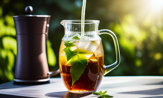 An image capturing the serene process of making cold brew yerba mate: a glass pitcher filled with ice-cold water, infused with vibrant green yerba mate leaves, gently steeping in the sunlight, creating a refreshing beverage