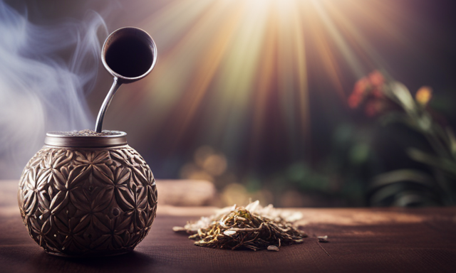 A vibrant image showcasing the step-by-step process of preparing Cruz De Malta Yerba Mate: a gourd filled with Yerba Mate leaves, hot water being poured, a silver bombilla inserted, and the traditional straw sipped