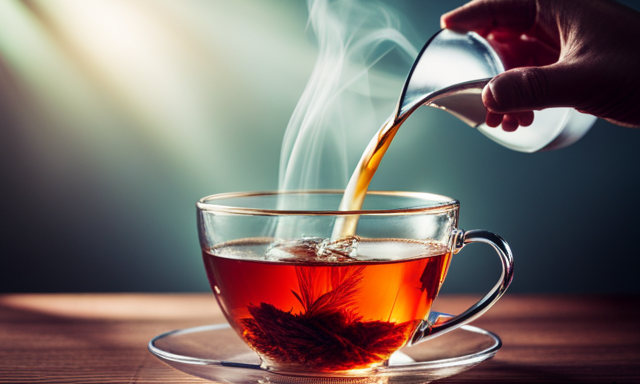 An image depicting a serene setting with a steaming teapot pouring vibrant red Rooibos tea into a delicate, transparent cup