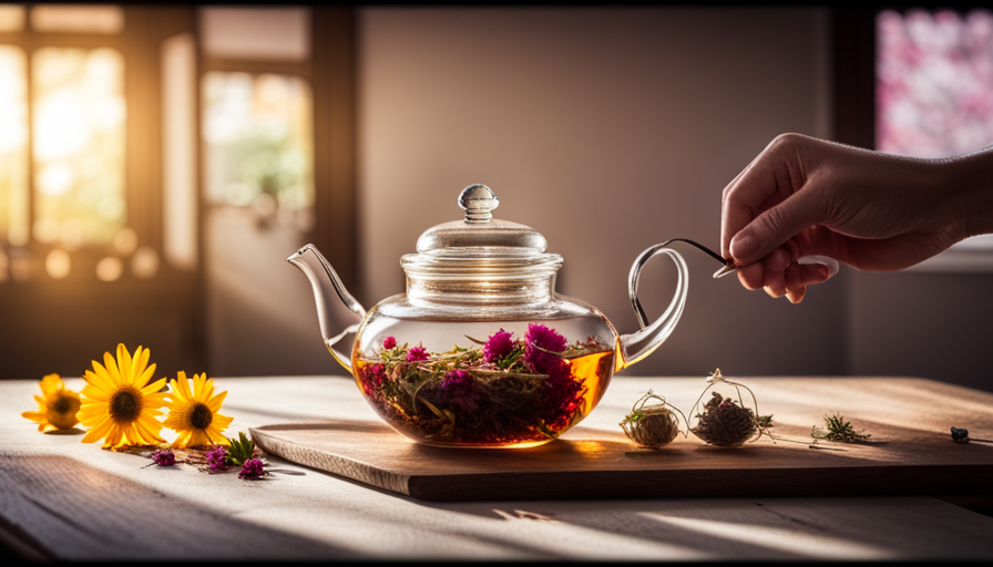 An image capturing the serene process of making dry flower tea: a hand gently placing vibrant dried flowers into a glass teapot, as sunlight filters through, casting delicate shadows of petals on a cozy wooden table