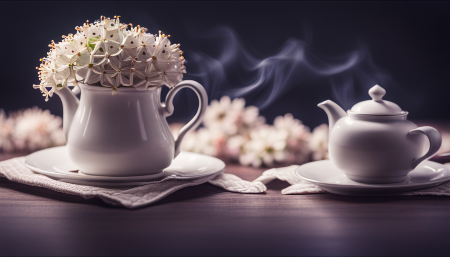 An image that showcases the delicate white elderberry flowers steeping in a teapot, surrounded by steam rising from the hot infusion