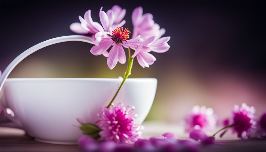 An image showcasing a delicate porcelain teacup filled with fragrant Fairy Blooming Flower Tea, as the tea leaves unfurl into a mesmerizing display of vibrant blossoms, releasing a whimsical aroma that envelops the air