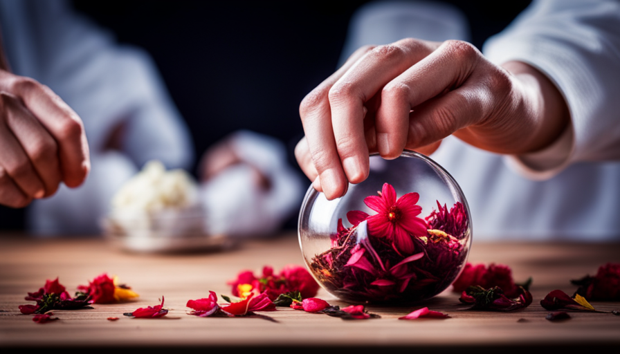 An image showcasing delicate hands gently wrapping vibrant flower petals around a tea ball, capturing the essence of the process