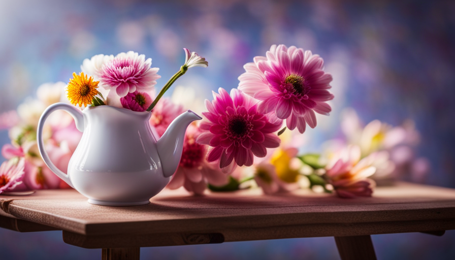 An image showcasing a delicate porcelain teapot pouring steaming water over a vibrant bouquet of freshly picked flowers, their colorful petals gently unfurling and infusing the water with their fragrant essence