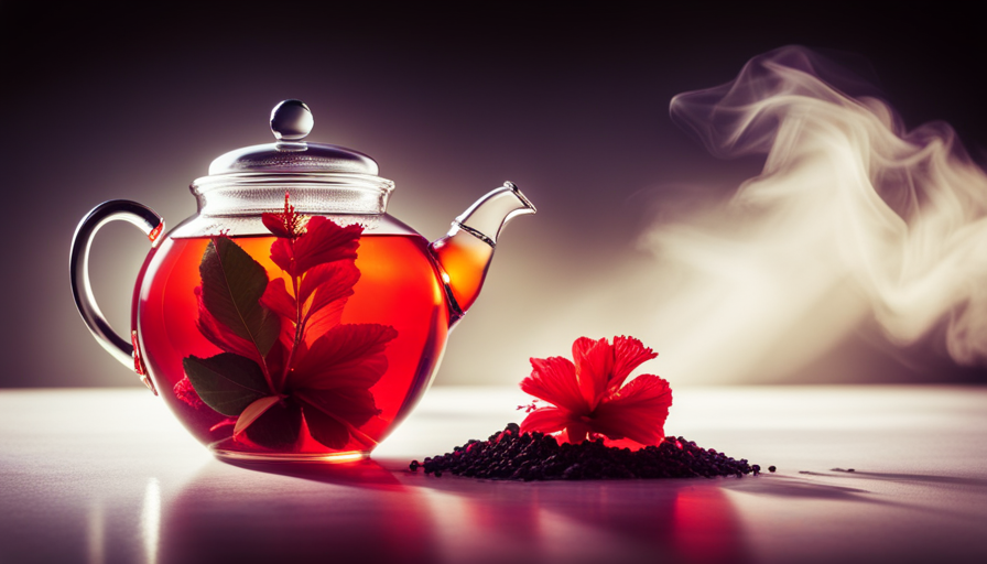 An image showcasing a vibrant red hibiscus flower gently steeping in a glass teapot, surrounded by steam rising from the infusion, capturing the essence of brewing fresh hibiscus flower tea