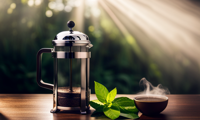 An image showcasing a French press with freshly ground yerba mate leaves, surrounded by steaming water at the ideal temperature