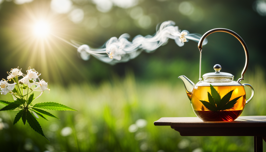 An image capturing the serene ritual of brewing hemp flower tea: a delicate teapot pouring steaming golden liquid into a dainty cup adorned with floating hemp blossoms, against a backdrop of lush greenery