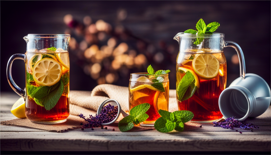 An image showcasing a glass pitcher filled with refreshing herbal iced tea, adorned with sprigs of fresh mint and slices of lemon, alongside a stack of colorful tea cups on a rustic wooden table