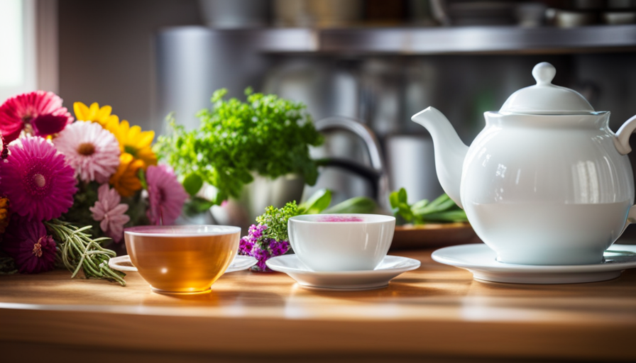 An image showcasing a cozy kitchen scene with a teapot gently releasing aromatic steam, surrounded by an assortment of fresh herbs, vibrant flowers, and delicate teacups, inviting readers to explore the art of homemade herbal tea