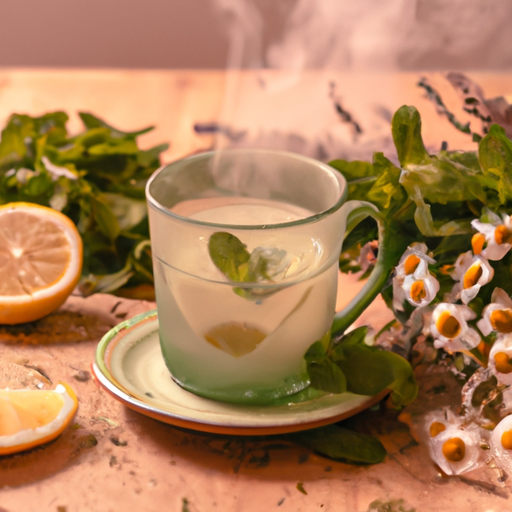 An image showcasing a close-up view of a steaming mug filled with fragrant herbal tea, surrounded by an array of fresh ingredients like chamomile flowers, mint leaves, and sliced lemons, beautifully arranged on a rustic wooden table