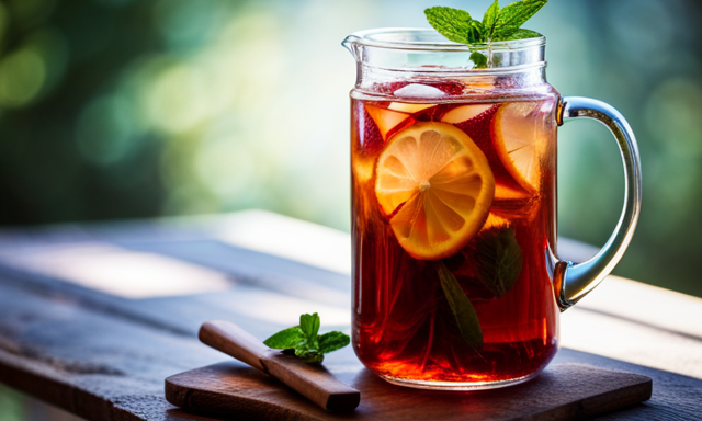 An image showcasing a glass pitcher filled with vibrant crimson-hued homemade Rooibos iced tea, adorned with slices of fresh lemon and sprigs of aromatic mint leaves, glistening with condensation on a sunlit wooden table