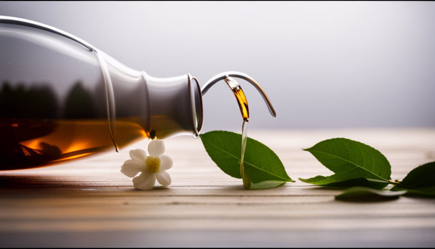 An image showcasing the serene process of making jasmine flower tea: a delicate porcelain teapot pouring steaming water over a blooming jasmine flower, releasing its fragrant essence, while tea leaves gently unfurl in a glass cup