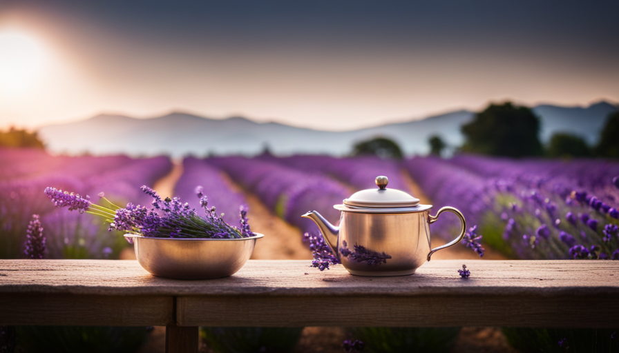 An image that captures the delicate beauty of a blooming lavender field, with a close-up of hand-picked lavender flowers being steeped in a clear teapot, releasing their aromatic essence into the air