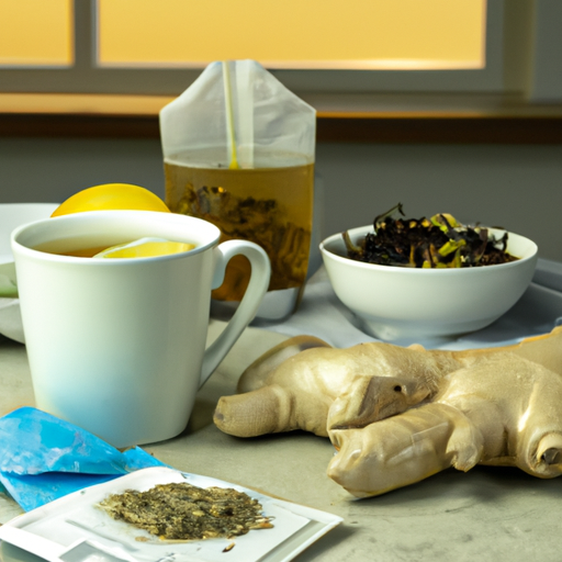 An image of a cozy kitchen counter with a steaming mug of lemon ginger herbal tea