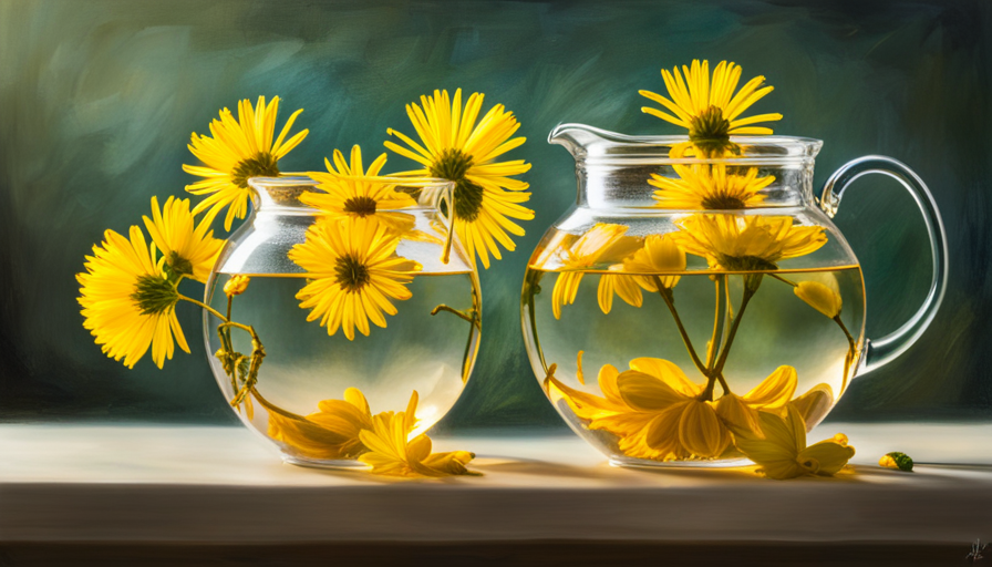 An image of delicate linden flowers, freshly picked and gently steeping in a clear glass teapot, their vibrant yellow petals gracefully unfurling in a swirl of warm water, releasing a fragrant aroma that invites tranquility