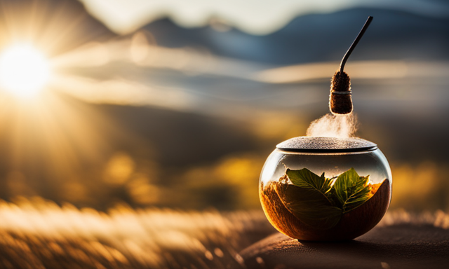 An image featuring a vibrant wooden gourd filled with finely ground yerba mate leaves, a bombilla straw immersed in the drink, and a cloud of steam rising from the warm infusion