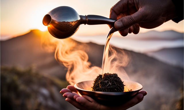 Create an image showcasing the step-by-step process of preparing traditional Mate Cocido with Yerba—an inviting scene depicting a steaming gourd filled with fragrant yerba, hot water being poured, and a hand holding a bombilla ready for sipping