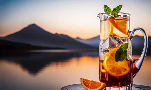 An image showcasing a clear glass pitcher filled with golden-hued Oolong iced tea, adorned with ice cubes and fresh slices of orange, mint leaves gently floating on the surface