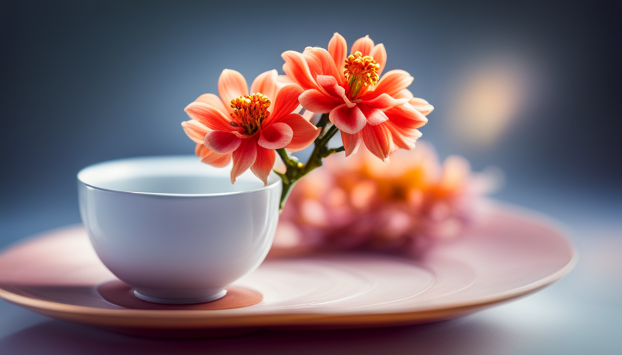 An image of a delicate porcelain teacup filled with fragrant papaya flower tea, steam gently rising from the cup