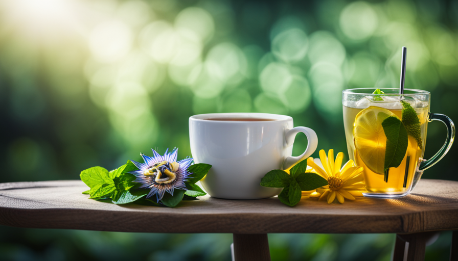 An image showcasing a vibrant cup of passion flower tea, adorned with fresh slices of lemon and a sprig of mint, exuding its soothing aroma against a backdrop of lush greenery