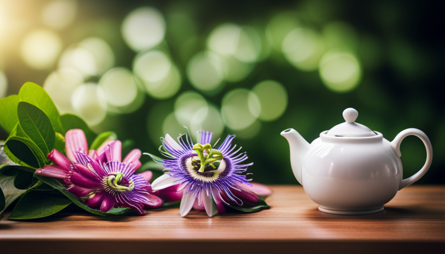 An image showcasing a serene scene: a delicate, vibrant passion flower blooming beside a steaming teapot, surrounded by fresh, aromatic leaves