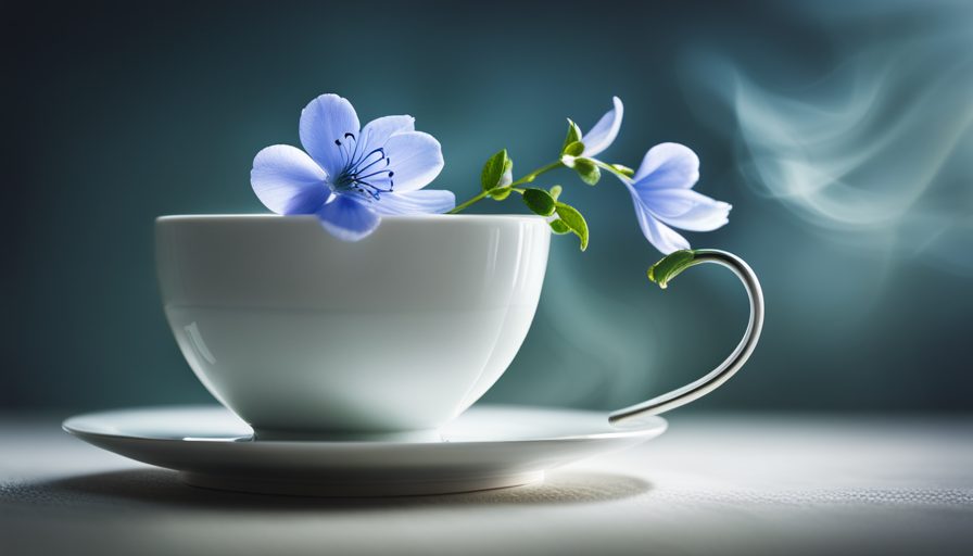 An image depicting a serene teacup, brimming with vibrant, pale blue pea flower tea, gently swirling in wisps of steam