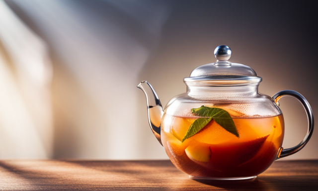 An image showcasing a clear glass teapot filled with golden-hued Peach Oolong Milk Tea, gently swirling with delicate peach slices and tea leaves
