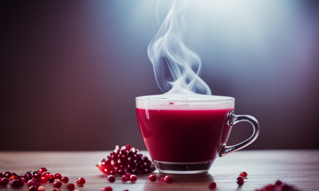 An image showcasing a vibrant, steaming cup of Pomegranate Oolong Tea Latte, adorned with a frothy, creamy layer