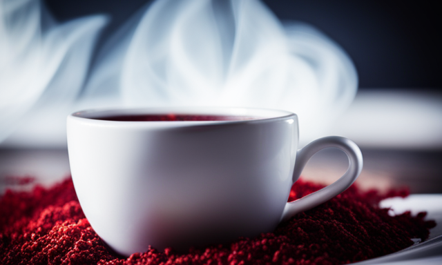 An image that showcases a steaming cup of vibrant red Rooibos tea, adorned with a velvety swirl of foam on top