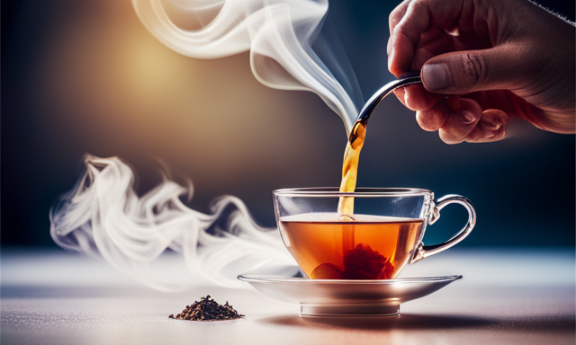 -up shot of a delicate teapot pouring creamy, caramel-hued liquid into a transparent glass cup, enveloped by a gentle wisp of aromatic steam, with vibrant oolong tea leaves elegantly scattered in the background