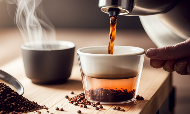 An image showcasing the step-by-step process of brewing Rooibos espresso: a close-up shot of a barista grinding fine Rooibos tea leaves, followed by a shot being extracted, revealing a rich, amber-colored liquid pouring into an espresso cup