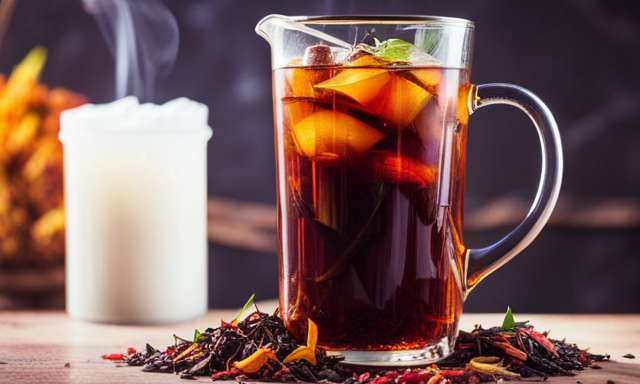 An image showcasing a glass pitcher filled with vibrant red Rooibos iced tea, surrounded by a variety of loose tea leaves in different colors and textures