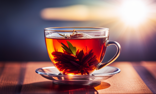 An image depicting a vibrant red rooibos tea in a glass teacup, with the sunlight filtering through, casting a warm, glowing hue