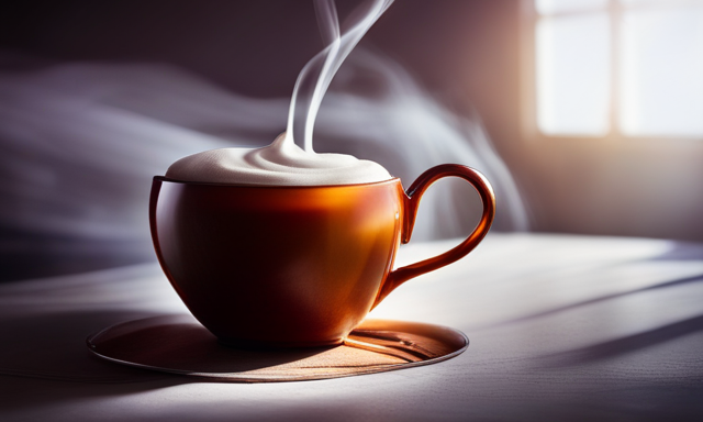 An image showcasing a steaming cup of rooibos tea, its rich amber hue complemented by a swirl of creamy milk, gently cascading into the tea from a ceramic jug