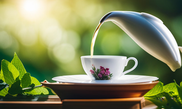 An image showcasing the art of brewing sweet Oolong tea: a delicate porcelain teapot pouring warm amber liquid into a teacup, with wisps of steam rising, surrounded by vibrant tea leaves and a serene tea garden backdrop