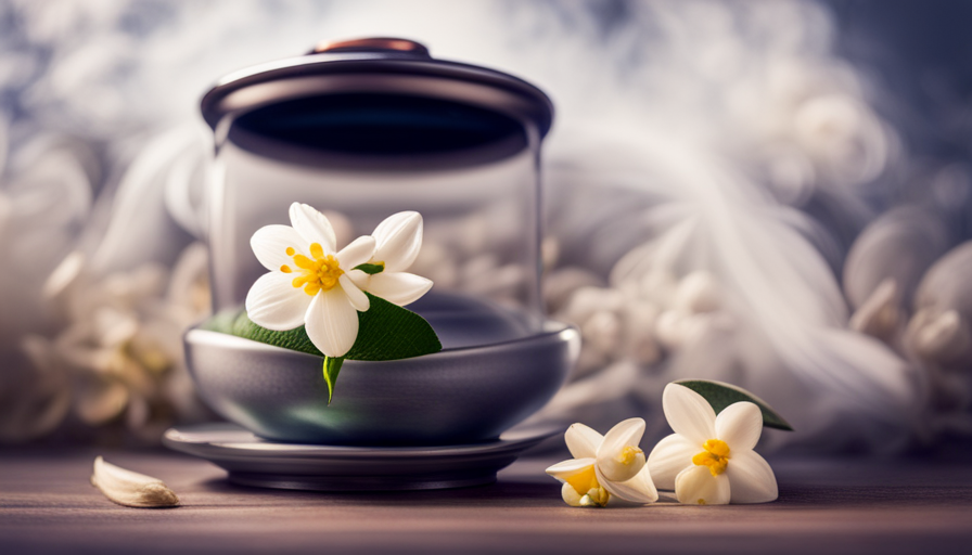 An image showcasing the delicate process of infusing jasmine flowers into steaming hot water, capturing the precise moment when the fragrant petals release their essence, resulting in a soothing cup of jasmine tea