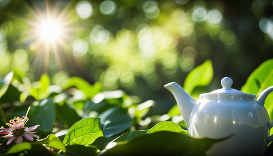 An image showcasing a serene, sun-dappled garden scene where delicate passion flower leaves are carefully plucked and steeped in a teapot, infusing the air with a tantalizing aroma