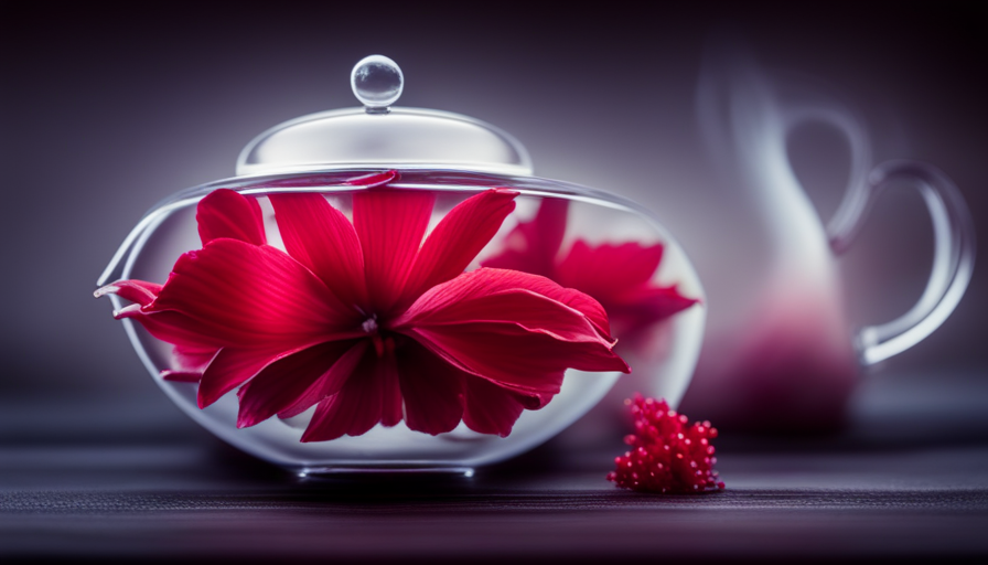 An image capturing the vibrant crimson petals of freshly plucked hibiscus flowers floating gracefully in a steaming teapot, infusing the water with their invigorating aroma and rich ruby hue