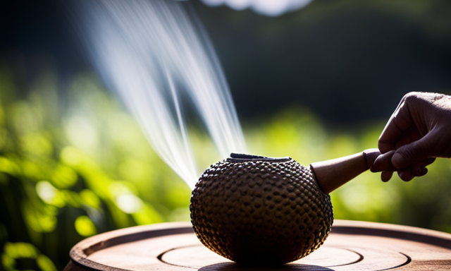 An image showcasing a skilled hand gently placing freshly harvested yerba mate leaves into a hollow gourd, while hot water cascades from a traditional bombilla, creating a mesmerizing infusion
