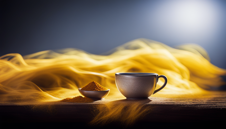 An image showcasing a steaming cup of vibrant yellow turmeric tea, prepared with finely ground powdered turmeric