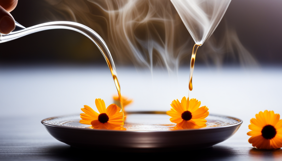An image showcasing the step-by-step process of making whole calendula flower tea: vibrant orange petals gently plucked, immersed in a clear teapot, hot water poured over, delicate steam rising, and finally, a soothing cup of golden tea being poured