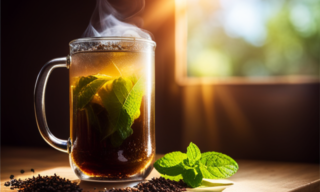 An image capturing a steaming mug of yerba mate with fresh, vibrant mint leaves and zesty lemon slices