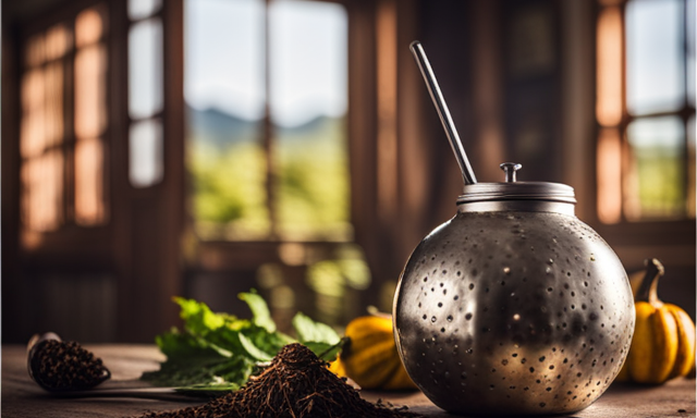 An image showcasing a traditional gourd filled with loose yerba mate leaves, a metal straw (bombilla), a thermos of hot water, and a wooden spoon for stirring, all arranged on a rustic table