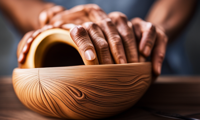 An image of hands delicately carving a dried calabash fruit, meticulously smoothing its surface, and skillfully hollowing it out