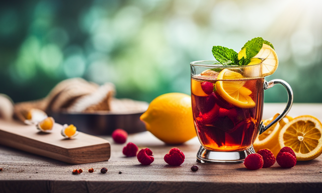 An image showcasing a vibrant assortment of fresh ingredients like lemons, oranges, raspberries, and mint leaves, beautifully arranged around a steaming cup of rooibos tea, inspiring readers to naturally flavor their brew